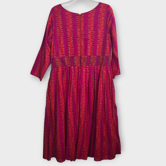 eShakti Pink Orange Leaf Print Cotton Midi Dress Fit & Flare Lined Plus Size - Picture 2 of 7